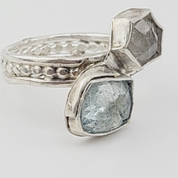 AQUAMARINE & RUTILATED QUARTZ DOUBLE RING HANDMADE IN STERLING SILVER SZ 6.5 - Picture 5 of 5
